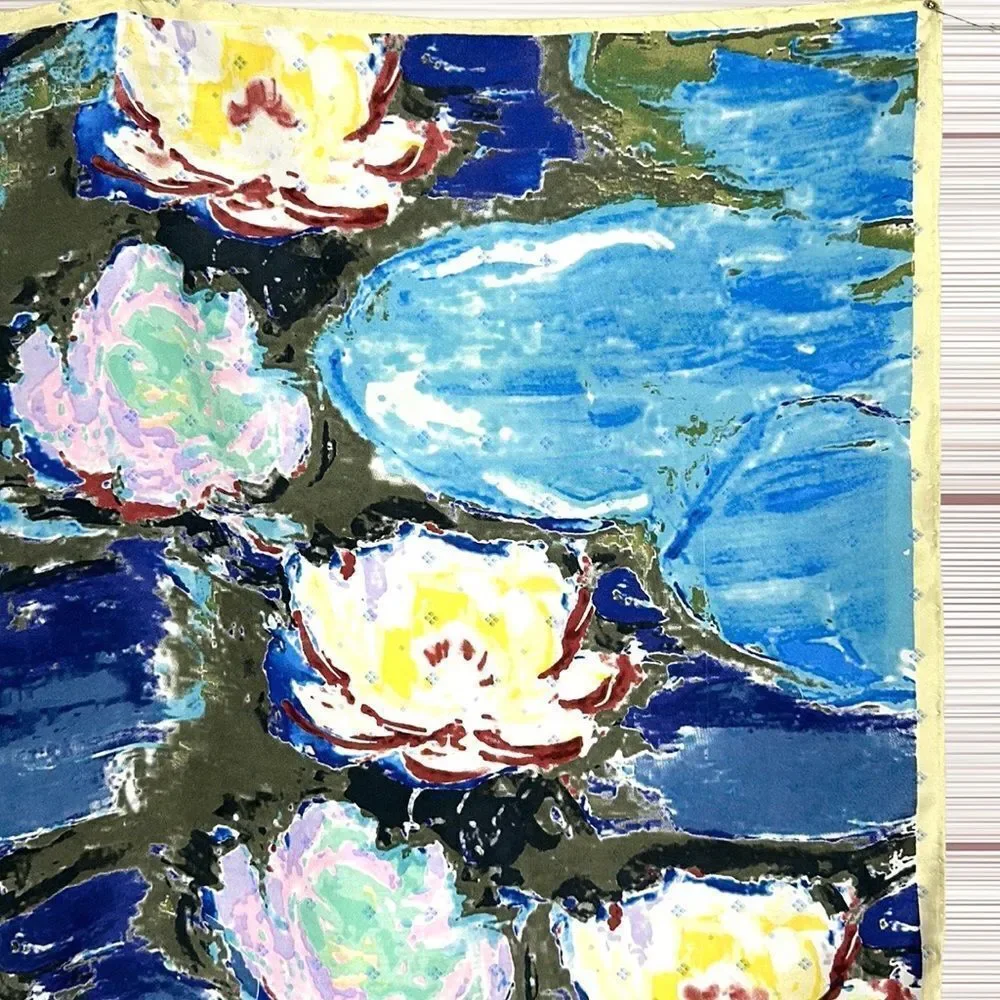 Water Lilies by MONET Scarf Vintage Silk Satin Square  Hand Rolled Blue Yellow
